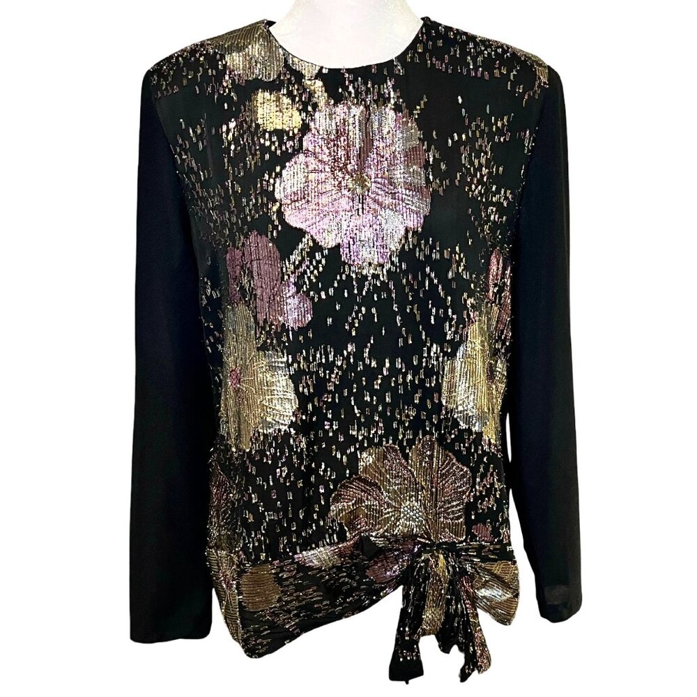 Vintage ‘Boston Maid’ Long Sleeve Floral Metallic Blouse W/ Bow Size Large